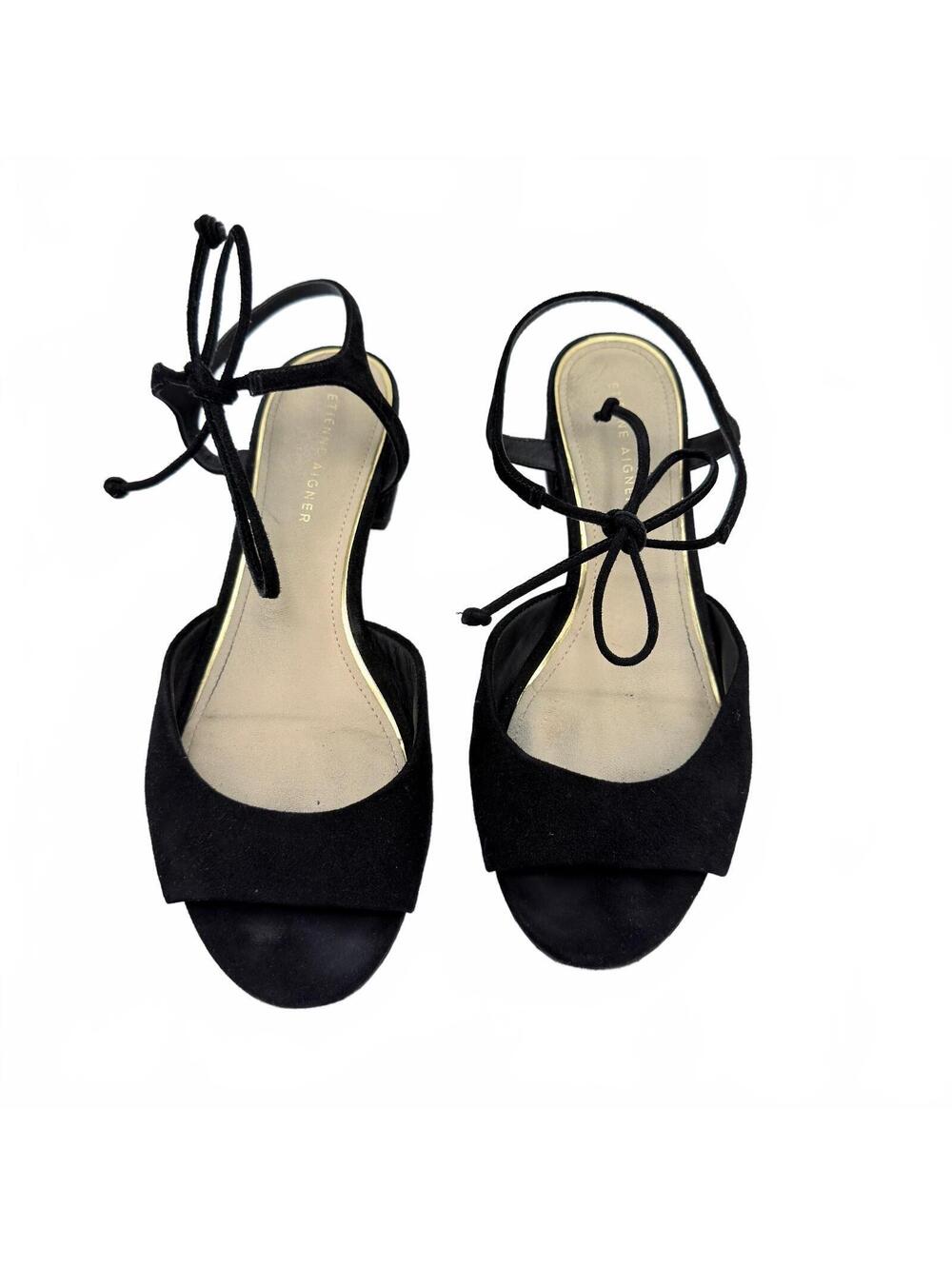 Etienne Aigner Black Suede Ankle Tie Low Block Heel Sandals Peep Toe Size 9.5